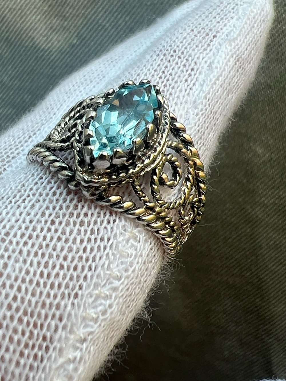 Sterling Silver Blue Topaz Marquise Filigree Ring SZ 7